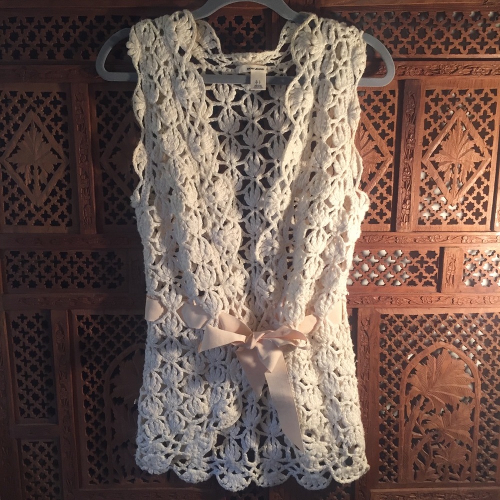 DKNY Jeans Crochet Vest with Ribbon
